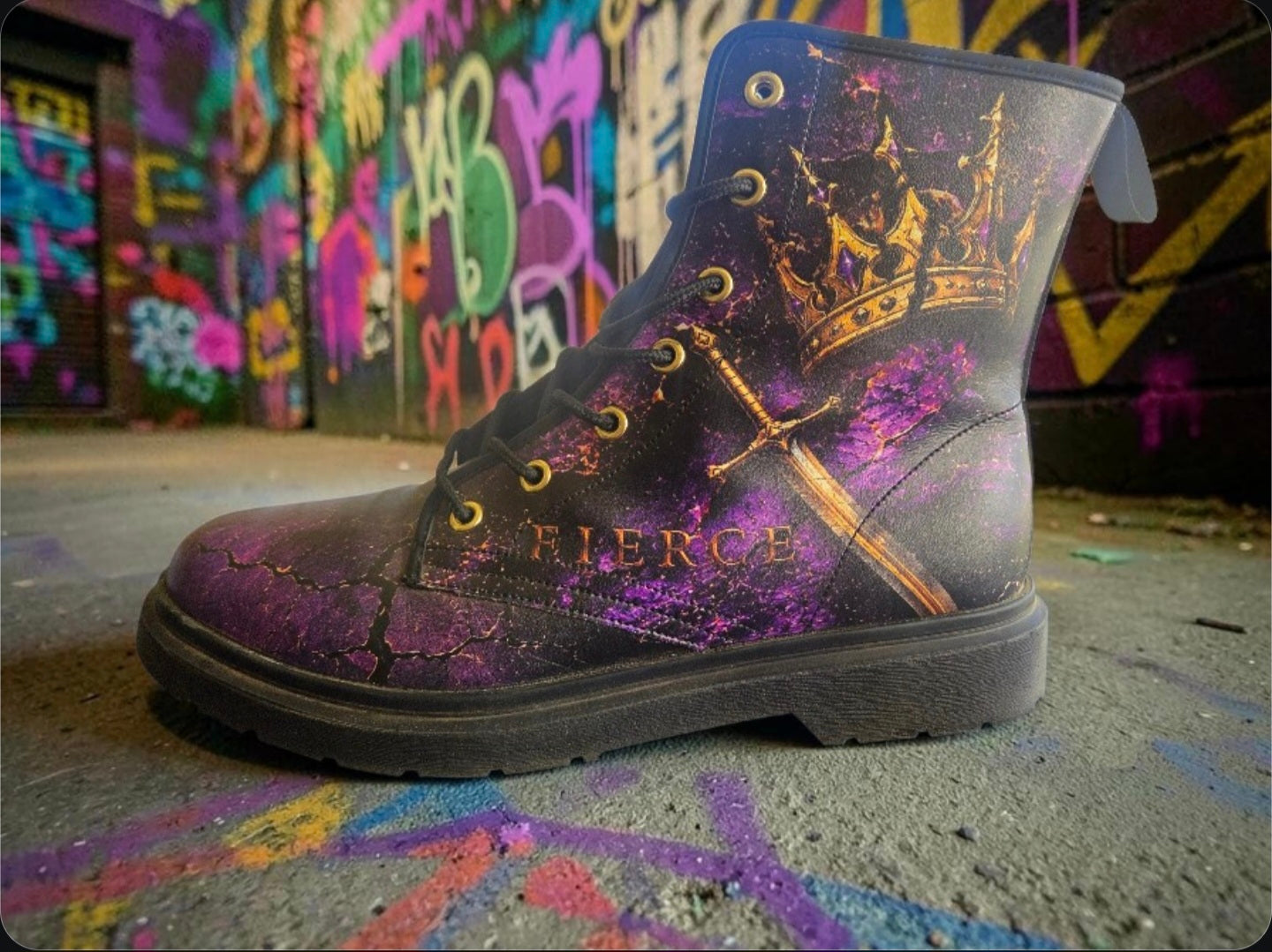 BornFierce Fallen Crown black streetwear boot with purple and gold detailing – side view.