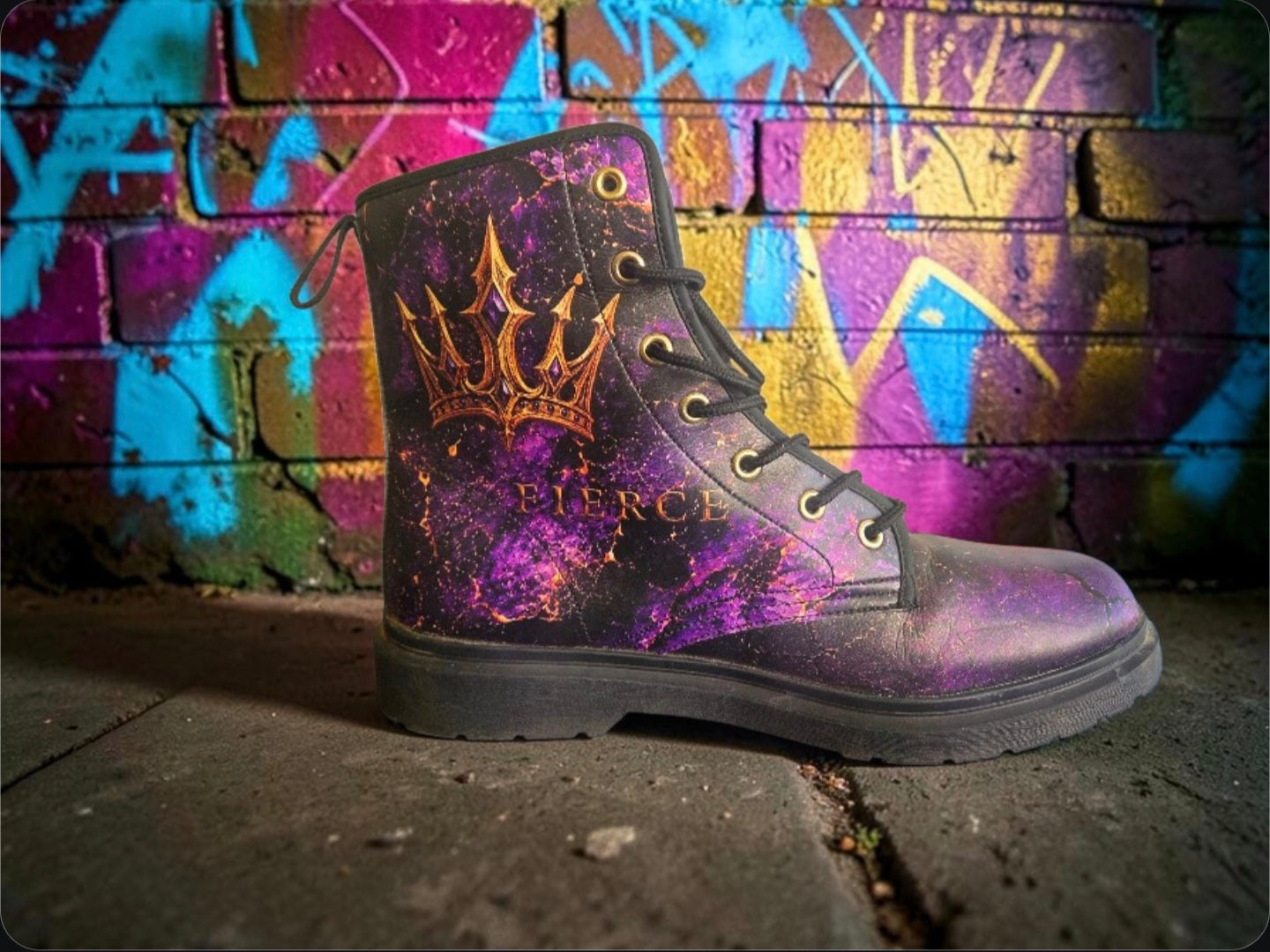 BornFierce Fallen Crown black streetwear boot with purple and gold detailing – side view.