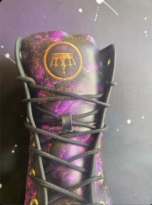 BornFierce Fallen Crown black streetwear boot with purple and gold detailing – fromt view.